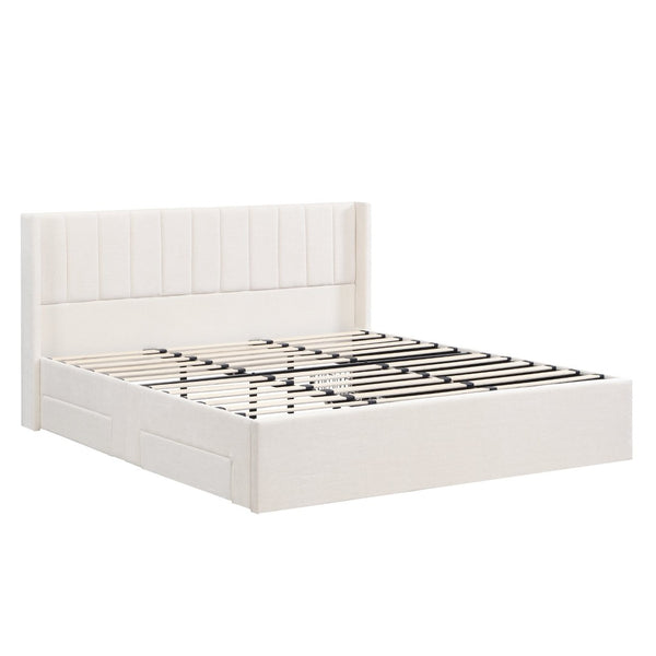 English Elm Large-capacity King Storage Bed Upholstered Headboard Four Drawers Solid Wood Frame N769K385590B
