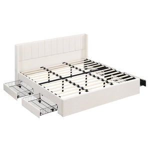 English Elm Large-capacity King Storage Bed Upholstered Headboard Four Drawers Solid Wood Frame N769K385590B