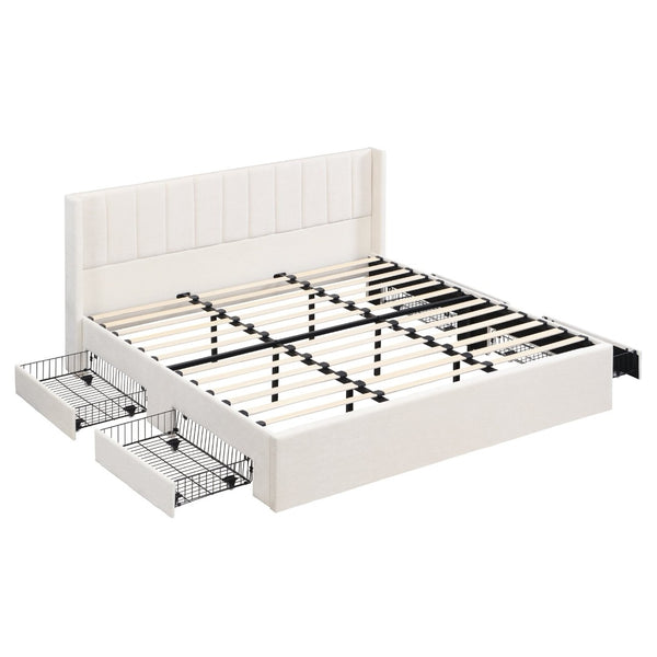 English Elm Large-capacity King Storage Bed Upholstered Headboard Four Drawers Solid Wood Frame N769K385590B