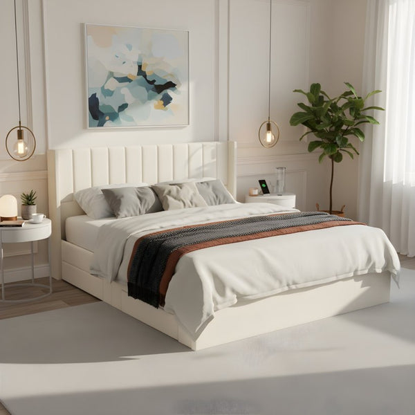 English Elm Large-capacity King Storage Bed Upholstered Headboard Four Drawers Solid Wood Frame N769K385590B