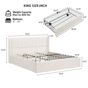 English Elm Large-capacity King Storage Bed Upholstered Headboard Four Drawers Solid Wood Frame N769K385590B