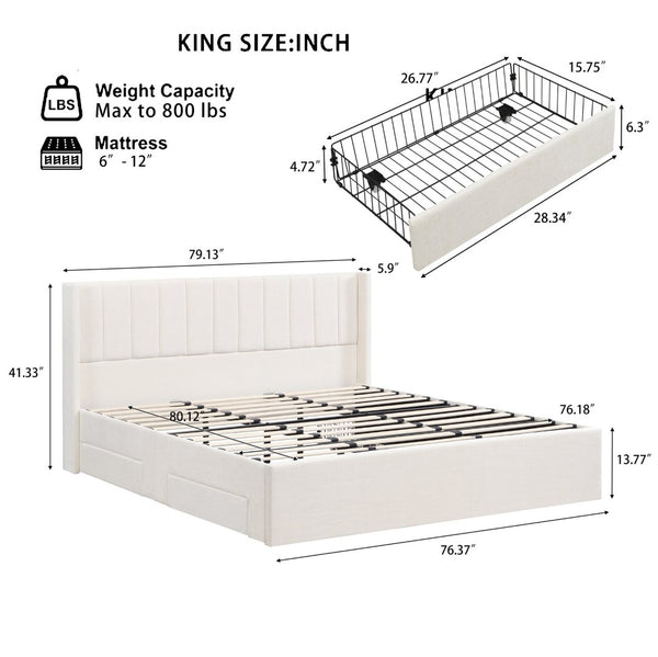 English Elm Large-capacity King Storage Bed Upholstered Headboard Four Drawers Solid Wood Frame N769K385590B