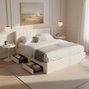 English Elm Large-capacity King Storage Bed Upholstered Headboard Four Drawers Solid Wood Frame N769K385590B