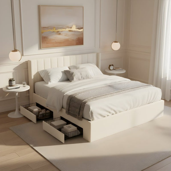 English Elm Large-capacity King Storage Bed Upholstered Headboard Four Drawers Solid Wood Frame N769K385590B