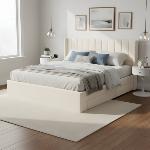 English Elm Large-capacity King Storage Bed Upholstered Headboard Four Drawers Solid Wood Frame N769K385590B