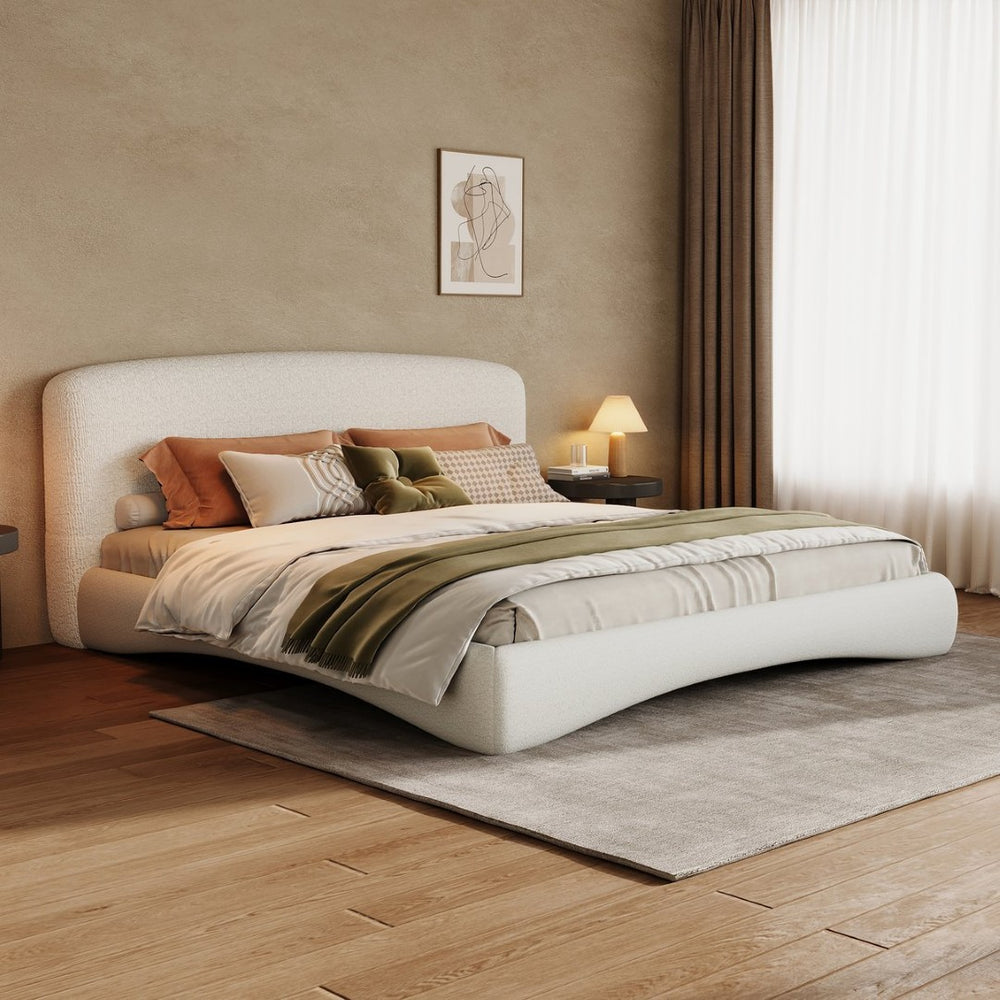 English Elm Curved Boucle King Bed with Arc Headboard and Smart Led Ambient Light Strip N769K386561C