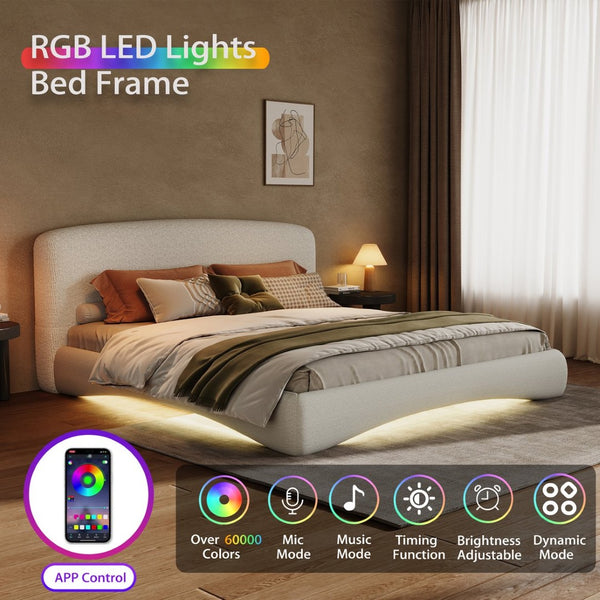 English Elm Curved Boucle King Bed with Arc Headboard and Smart Led Ambient Light Strip N769K386561C