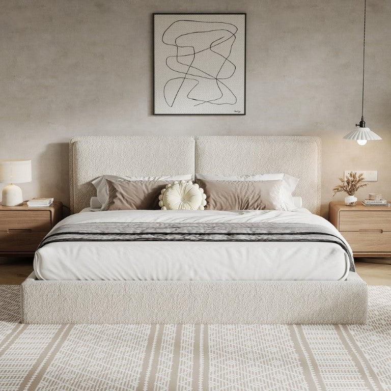 English Elm Double-Pillow Upholstered King Bed Sculptural Headboard in Textured Beige Woven Fabric N769K387942B