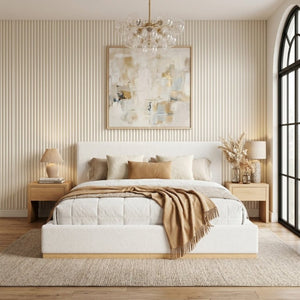 English Elm Elegant Antique Cloth Upholstered King Bed with Solid Wood Grain Base for Modern Bedrooms N769K389558W