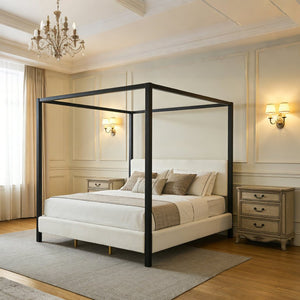 English Elm Modern Iron Canopy Bed Bouclé Upholstered Headboard Architectural King Bedroom N769K399833A