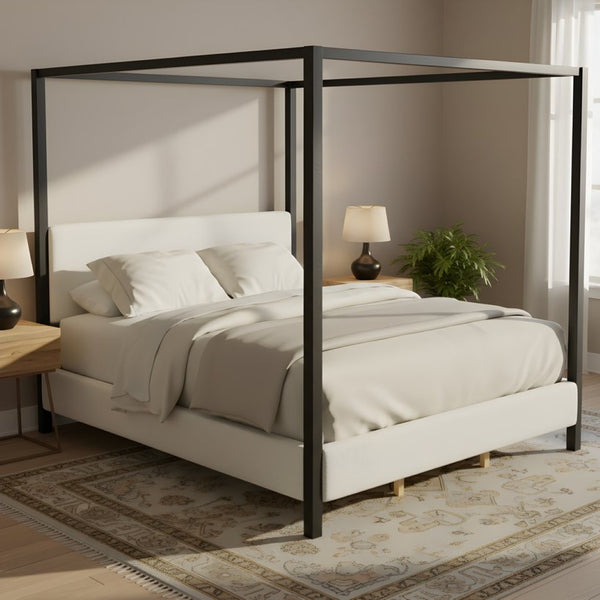 English Elm Modern Iron Canopy Bed Bouclé Upholstered Headboard Architectural King Bedroom N769K399833A