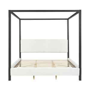 English Elm Modern Iron Canopy Bed Bouclé Upholstered Headboard Architectural King Bedroom N769K399833A