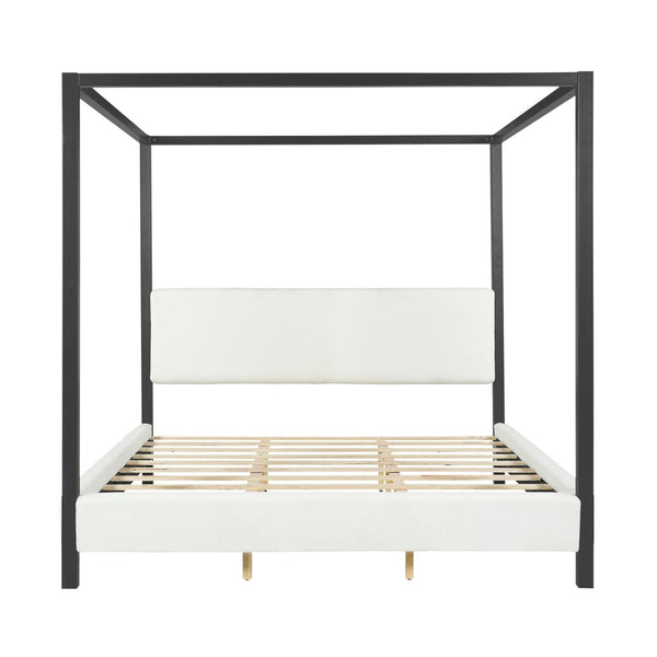 English Elm Modern Iron Canopy Bed Bouclé Upholstered Headboard Architectural King Bedroom N769K399833A