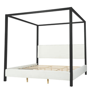 English Elm Modern Iron Canopy Bed Bouclé Upholstered Headboard Architectural King Bedroom N769K399833A