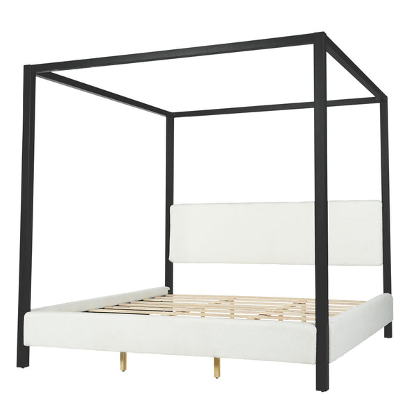 English Elm Modern Iron Canopy Bed Bouclé Upholstered Headboard Architectural King Bedroom N769K399833A