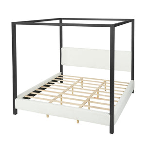 English Elm Modern Iron Canopy Bed Bouclé Upholstered Headboard Architectural King Bedroom N769K399833A