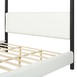 English Elm Modern Iron Canopy Bed Bouclé Upholstered Headboard Architectural King Bedroom N769K399833A