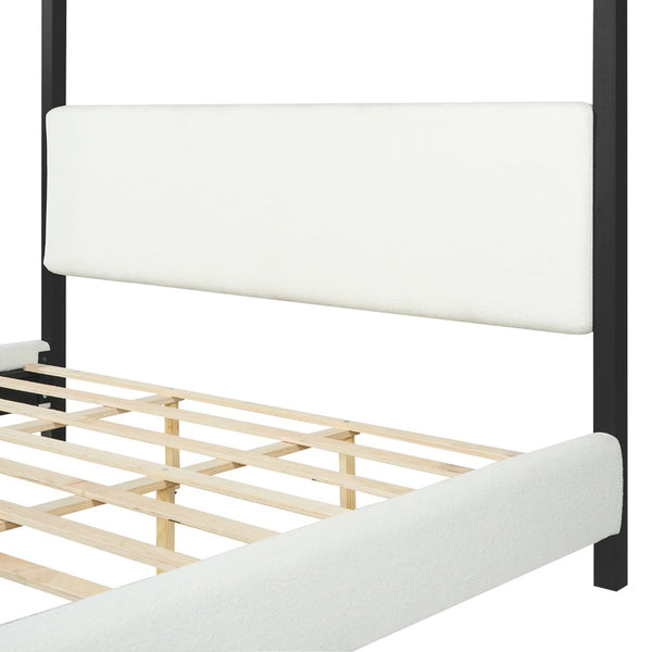 English Elm Modern Iron Canopy Bed Bouclé Upholstered Headboard Architectural King Bedroom N769K399833A