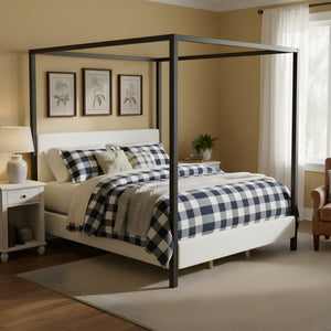 English Elm Modern Iron Canopy Bed Bouclé Upholstered Headboard Architectural King Bedroom N769K399833A