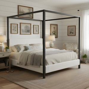 English Elm Modern Iron Canopy Bed Bouclé Upholstered Headboard Architectural King Bedroom N769K399833A