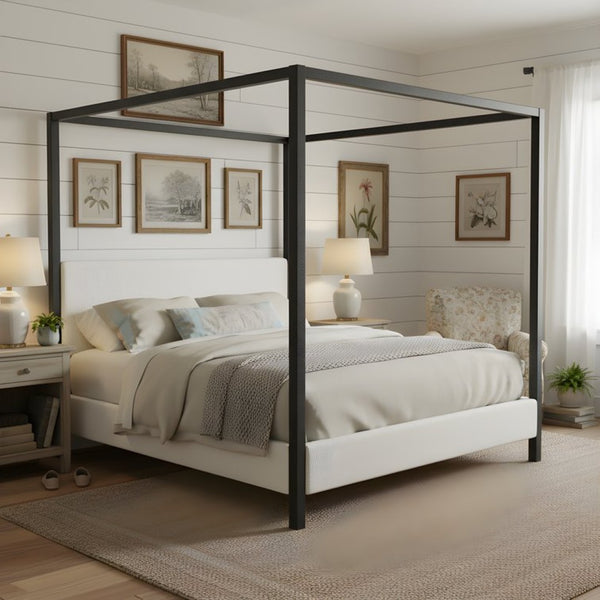 English Elm Modern Iron Canopy Bed Bouclé Upholstered Headboard Architectural King Bedroom N769K399833A