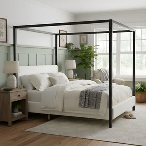 English Elm Modern Iron Canopy Bed Bouclé Upholstered Headboard Architectural King Bedroom N769K399833A