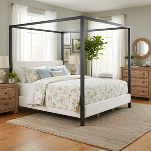 English Elm Modern Iron Canopy Bed Bouclé Upholstered Headboard Architectural King Bedroom N769K399833A