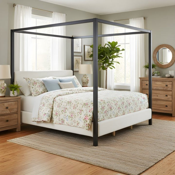 English Elm Modern Iron Canopy Bed Bouclé Upholstered Headboard Architectural King Bedroom N769K399833A