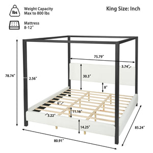 English Elm Modern Iron Canopy Bed Bouclé Upholstered Headboard Architectural King Bedroom N769K399833A