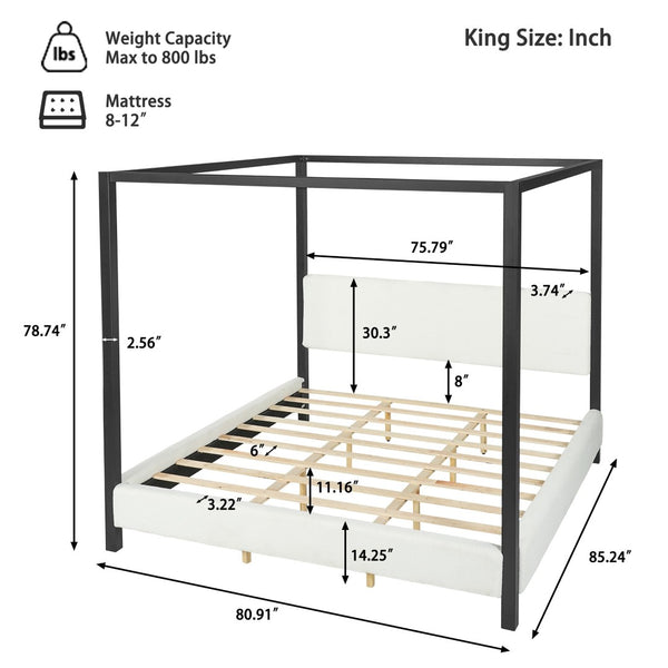 English Elm Modern Iron Canopy Bed Bouclé Upholstered Headboard Architectural King Bedroom N769K399833A