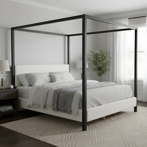 English Elm Modern Iron Canopy Bed Bouclé Upholstered Headboard Architectural King Bedroom N769K399833A