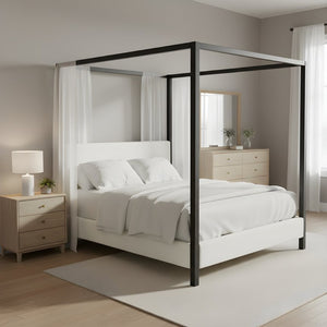 English Elm Modern Iron Canopy Bed Bouclé Upholstered Headboard Architectural King Bedroom N769K399833A