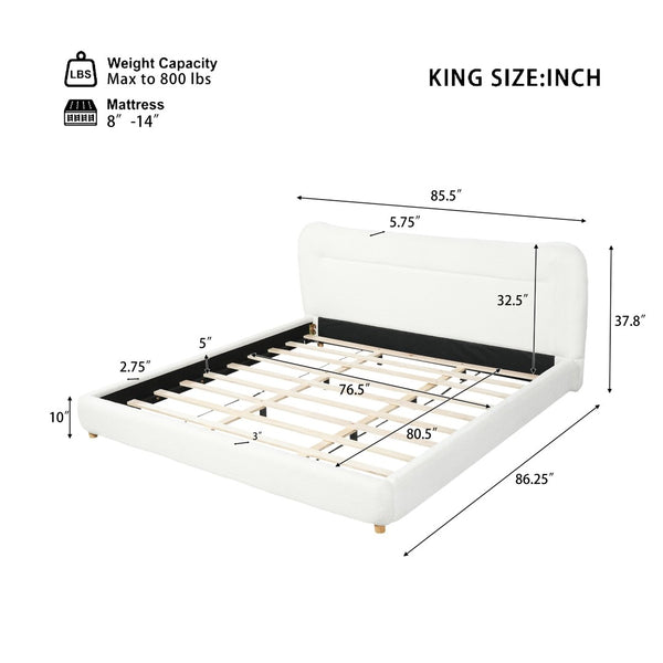 English Elm Minimalist Curved Teddy Fleece King Platform Bed Sculpted Arch Headboard Cream N769K411310C