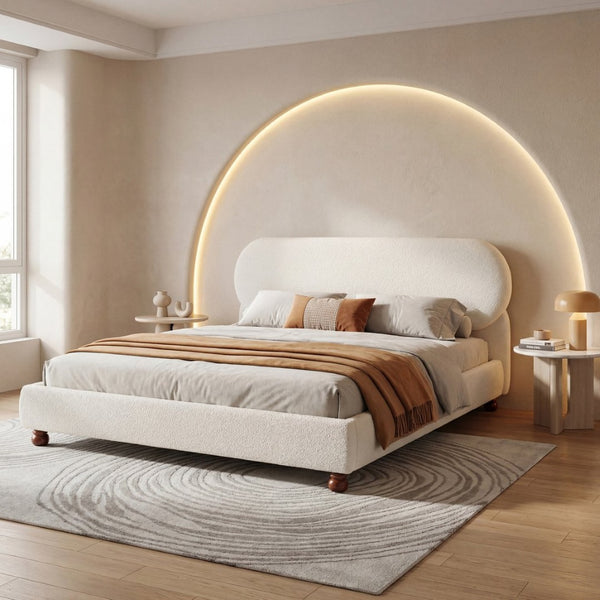 English Elm Cream-colored Boucle King Bed Curved Upholstered Frame with Rubberwood Legs N769K426836W