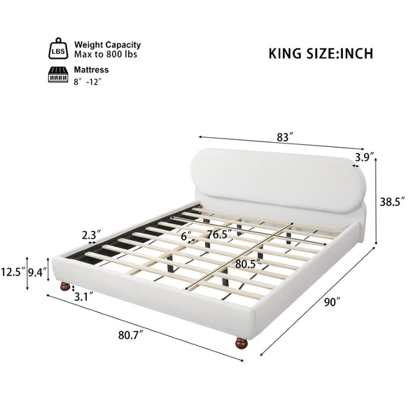 English Elm Cream-colored Boucle King Bed Curved Upholstered Frame with Rubberwood Legs N769K426836W