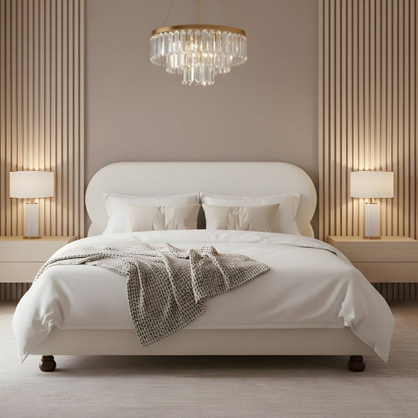 English Elm Cream-colored Boucle King Bed Curved Upholstered Frame with Rubberwood Legs N769K426836W