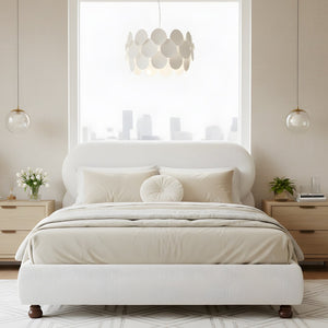 English Elm Cream-colored Boucle King Bed Curved Upholstered Frame with Rubberwood Legs N769K426836W