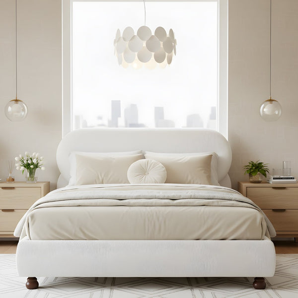 English Elm Cream-colored Boucle King Bed Curved Upholstered Frame with Rubberwood Legs N769K426836W