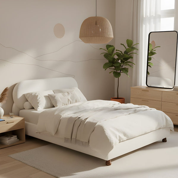English Elm Cream-colored Boucle King Bed Curved Upholstered Frame with Rubberwood Legs N769K426836W