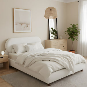 English Elm Cream-colored Boucle King Bed Curved Upholstered Frame with Rubberwood Legs N769K426836W
