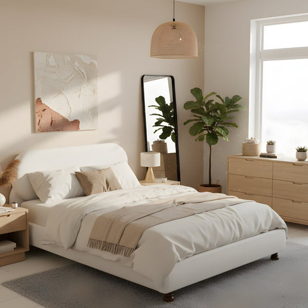 English Elm Cream-colored Boucle King Bed Curved Upholstered Frame with Rubberwood Legs N769K426836W