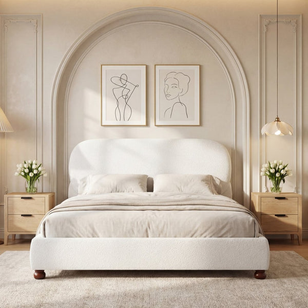English Elm Cream-colored Boucle King Bed Curved Upholstered Frame with Rubberwood Legs N769K426836W
