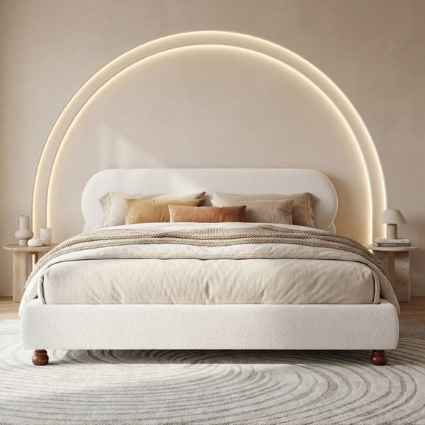 English Elm Cream-colored Boucle King Bed Curved Upholstered Frame with Rubberwood Legs N769K426836W