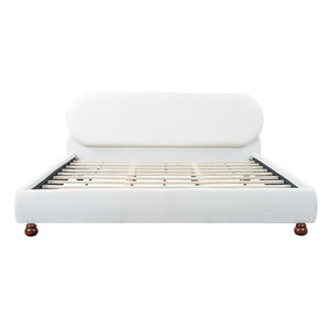 English Elm Cream-colored Boucle King Bed Curved Upholstered Frame with Rubberwood Legs N769K426836W
