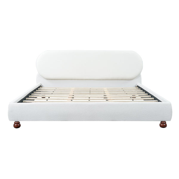 English Elm Cream-colored Boucle King Bed Curved Upholstered Frame with Rubberwood Legs N769K426836W