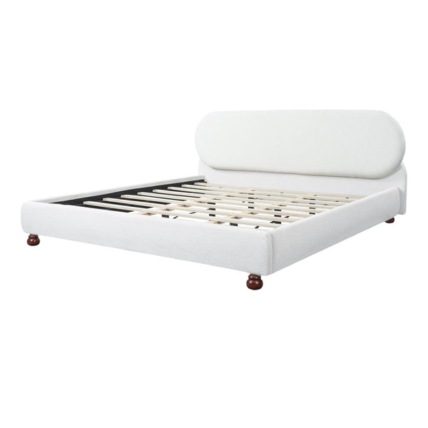 English Elm Cream-colored Boucle King Bed Curved Upholstered Frame with Rubberwood Legs N769K426836W