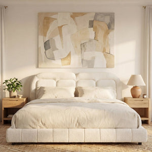 English Elm King Boucle Platform Bed Tufted Sculptural Headboard Solid Wood Slat Foundation N769K443253W