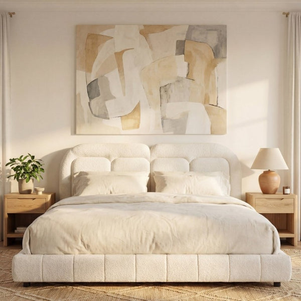 English Elm King Boucle Platform Bed Tufted Sculptural Headboard Solid Wood Slat Foundation N769K443253W