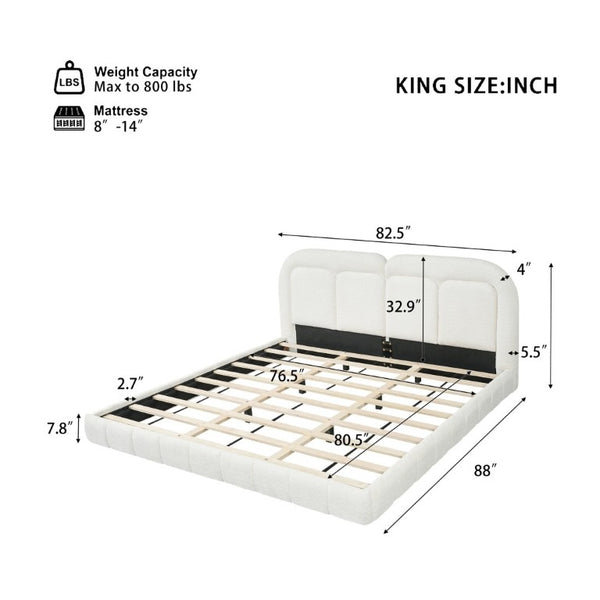 English Elm King Boucle Platform Bed Tufted Sculptural Headboard Solid Wood Slat Foundation N769K443253W