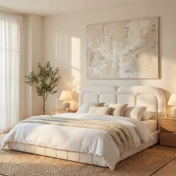 English Elm King Boucle Platform Bed Tufted Sculptural Headboard Solid Wood Slat Foundation N769K443253W